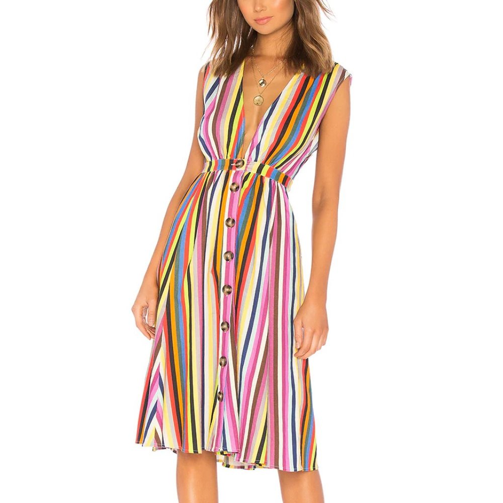 LPA Shirred Button Up Dress - Rainbow Stripe